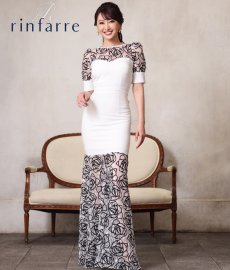 画像1: [韓国製][rinfarre][SALE品のため返品不可＆再入荷なしの現品限り]ホワイト×ブラック・エレガント・フラワーレース・バックリボン・半袖・マーメイドライン・ロングドレス[薗田杏奈着用]《送料＆代引き手数料無料》 (1)