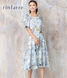 画像1: [韓国製][rinfarre][再入荷なしの現品限り]ブルー系・リネンタッチ・花柄・ベルト付き・半袖・パフスリーブ・Aライン・ハイウエスト・ミディアムドレス・ワンピース[MIRIN着用]《送料＆代引き手数料無料》 (1)