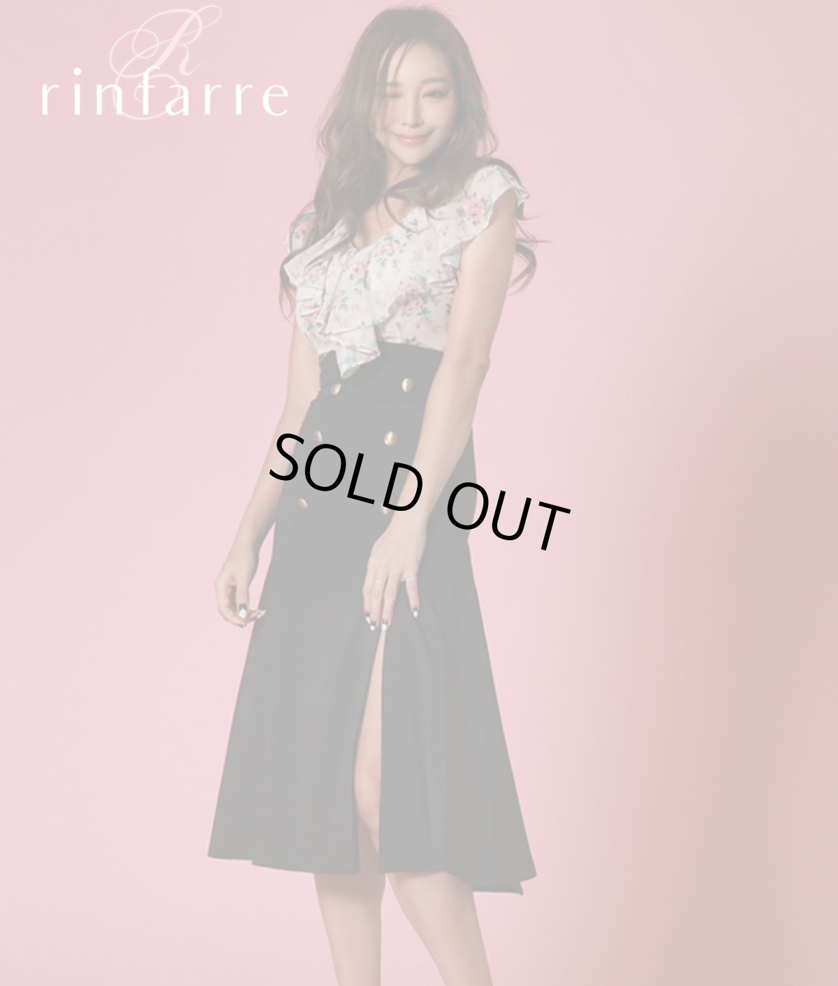 画像1: [韓国製][rinfarre][SALE品のため返品不可＆再入荷なしの現品限り]花柄・フリル・シフォンブラウス・金ボタン・ハイウエスト・マーメイド・ミディアムスカート・セットアップ・ツーピース[山崎みどり着用]《送料＆代引き手数料無料》my (1)