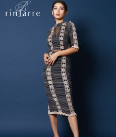 画像1: [韓国製][rinfarre][再入荷なしの現品限り]ネイビー×ベージュ・ストレッチレース・セパレート風・五分袖・タイト・ミディアムドレス・ワンピース[MIRIN着用]《送料＆代引き手数料無料》 (1)