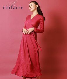 画像1: [韓国製][rinfarre][SALE品のため返品不可＆再入荷なしの現品限り]ビビッドピンク・ジオメトリック・Vネック・カシュクール・長袖・マキシ・ロングドレス・ラップ・ワンピース[MIRIN着用][送料無料] (1)